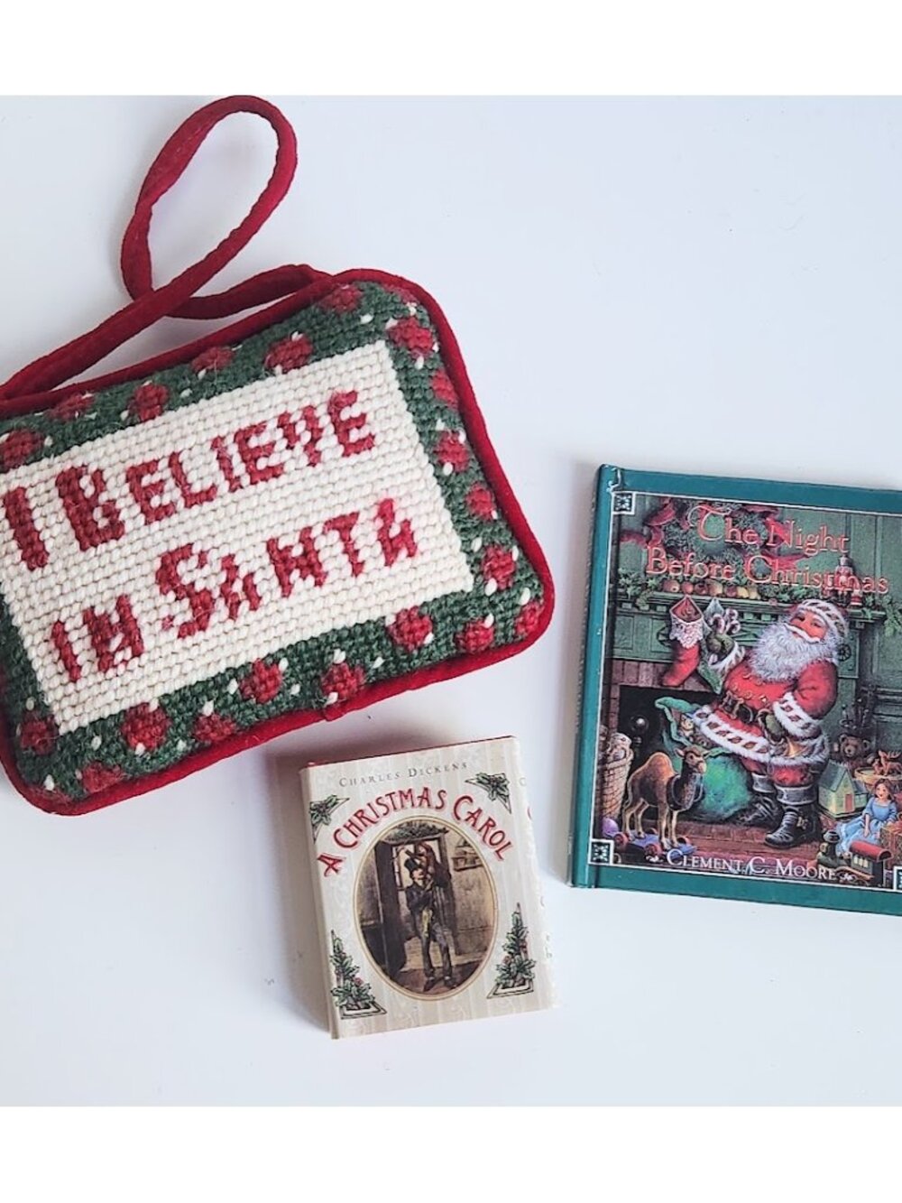 Vintage Small Needlepoint Hanging Pillow "I Believe in Santa"+ 2 Miniature Books